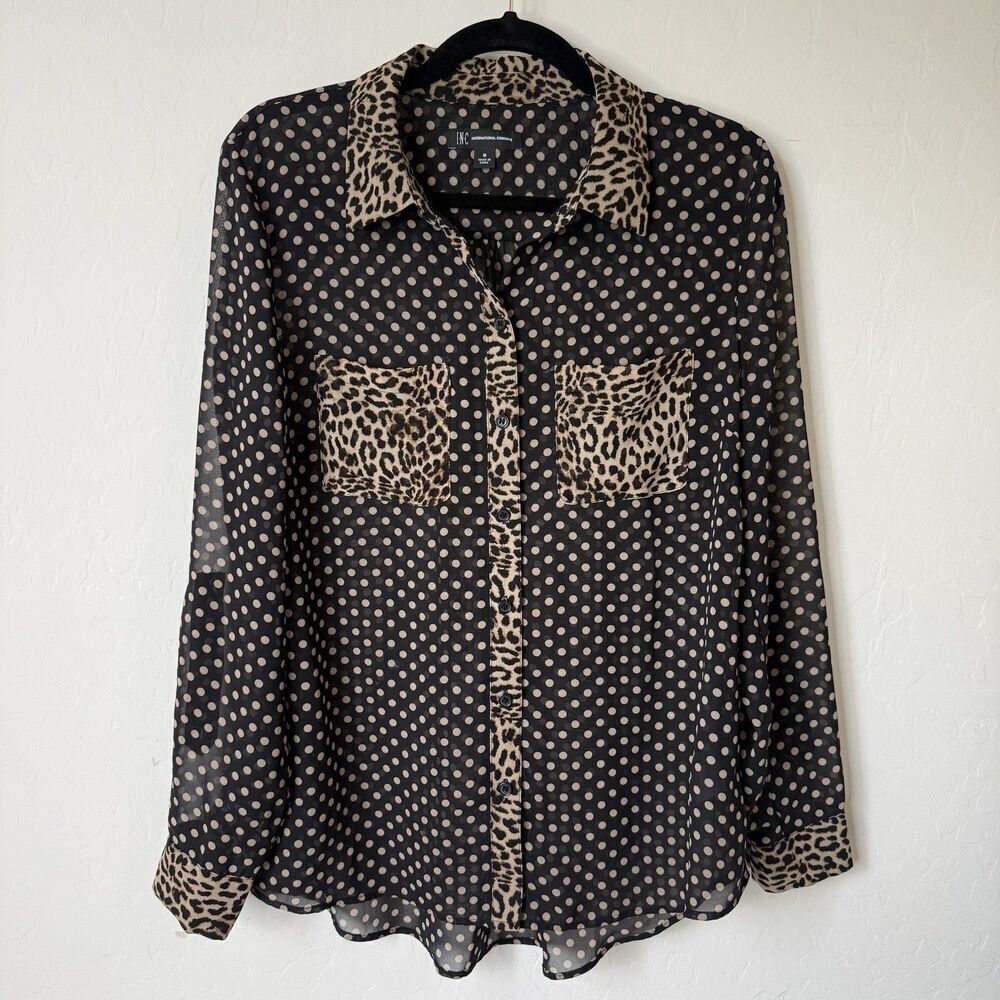 INC Womens Medium Leopard Polka Dot Semi Sheer Long Sleeve Button Down Career
